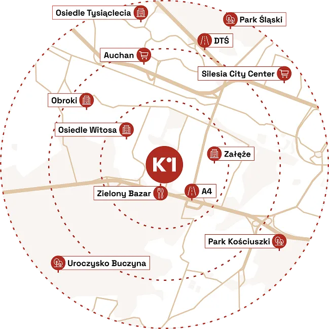 Mapa lokalizacyjna biurowca K1 w Katowicach, pokazująca bliskość A4, DTŚ i centrum miasta.