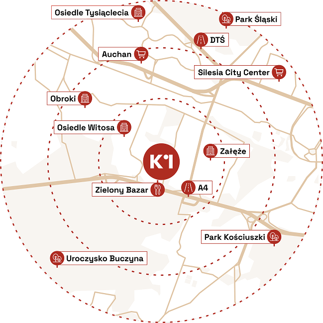 Mapa lokalizacyjna biurowca K1 w Katowicach (ul. Kolońska 1), pokazująca bliskość Autostrady A4, DTŚ, Silesia City Center oraz Parku Śląskiego.